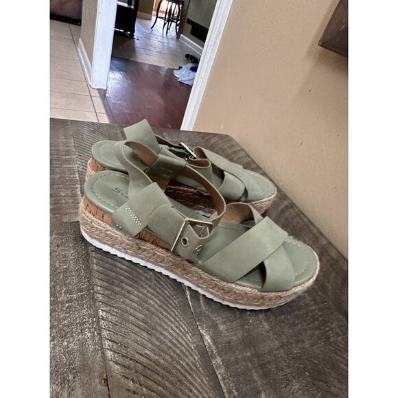 SODA WOMEN WEDGE SANDALS OPEN TOE ANKLE STRAP FLATFORM Size 9 Green - Picture 3 of 5